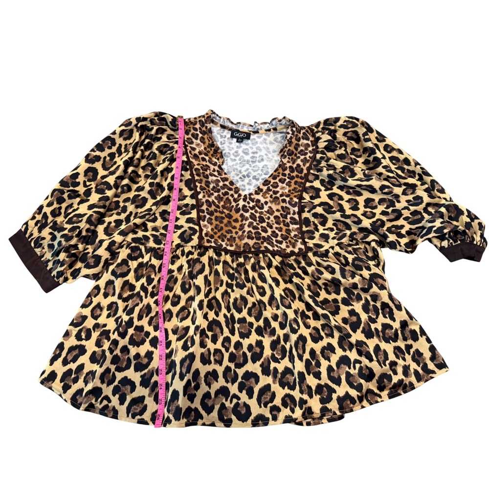 GIGIO USA Leopard Print Babydoll Top Puff Sleeve Mixed Animal Blouse Brown L - Picture 5 of 6